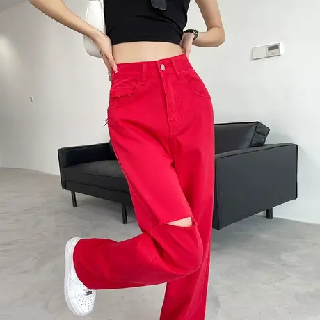 红色破洞阔腿牛仔裤女春秋2023年新款高腰窄版宽松显瘦ins直筒裤图片