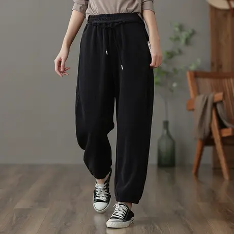 dza 高腰显瘦加绒卫裤女冬季外穿灯芯绒长裤休闲哈伦裤宽松阔腿裤商品大图