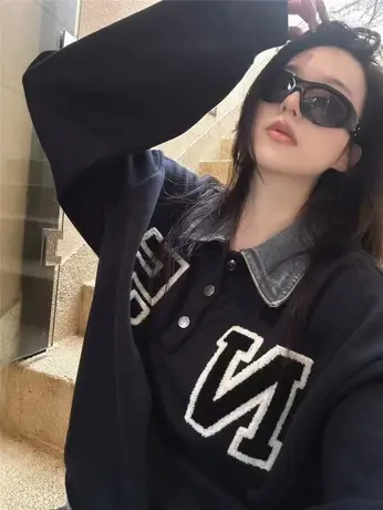 欧洲站2023秋季新款 设计师款复古甜酷小众牛仔翻领百搭显瘦卫衣商品大图