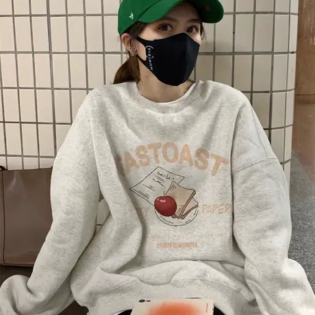 美式复古圆领卫衣女春秋2023新款薄款小个子宽松oversize长袖上衣图片