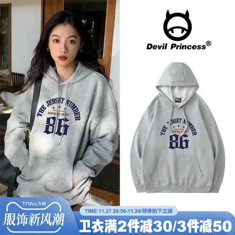 美式高校风简约复古灰色卫衣女宽松韩版vintage秋冬新款帽衫外套商品大图