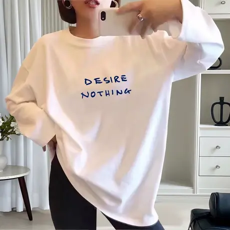 白色长袖t恤女宽松2021初秋古着vintage大码纯棉打底衫上衣ins潮商品大图