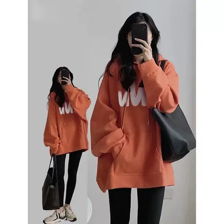 韩国东大门橙色中长款卫衣女秋冬连帽ins潮牌加绒设计感外套上衣商品大图