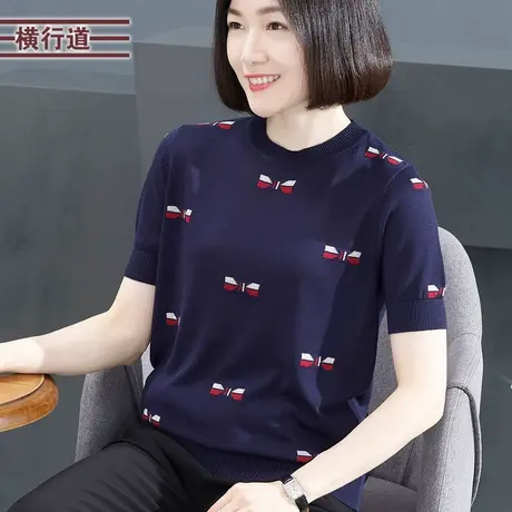 针织短袖女夏圆领蝴蝶结宽松大码外穿女装2024新款上衣显瘦夏装女商品大图