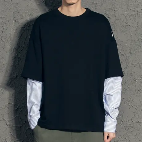 奕飏多材质拼接假两件圆领卫衣男春秋款帅气宽松韩版潮流春装上衣商品大图