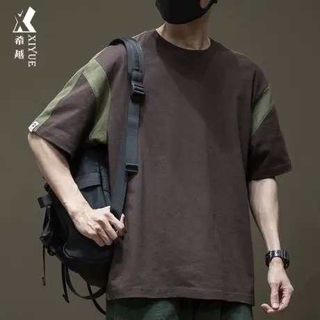深咖色32支双纱重磅短袖T恤男夏季潮牌ins休闲半截袖拼色大码衣服商品大图