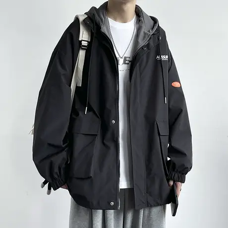 假两件外套男士秋季宽松休闲连帽夹克春秋款男生潮牌工装冲锋衣服商品大图