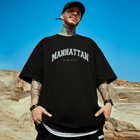 重磅美式字母印花短袖t恤街头大码圆领纯棉简约胖子五分半袖男潮商品大图