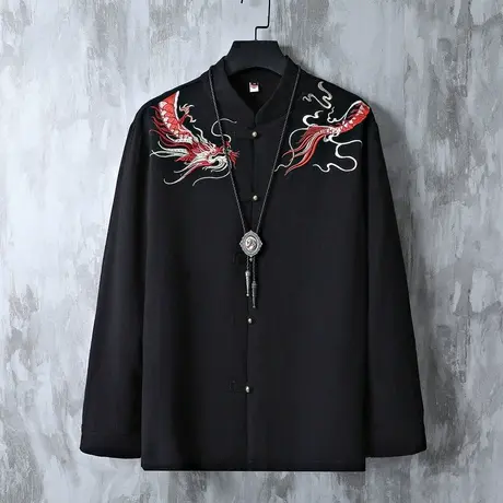 中国风亚麻衣服男大码透气长袖衬衫龙纹刺绣复古宽松中式盘扣衬衣商品大图