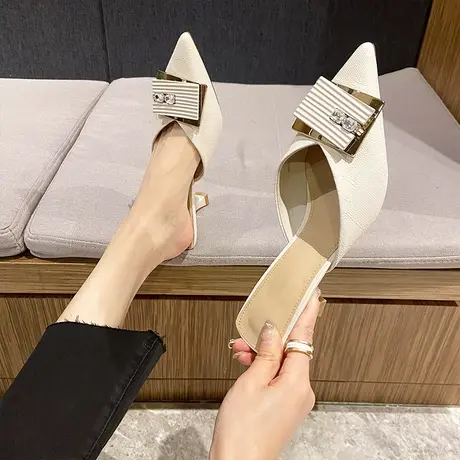 包头半拖鞋女2024年夏季新款凉拖鞋外穿细跟单鞋尖头一脚蹬穆勒鞋图片