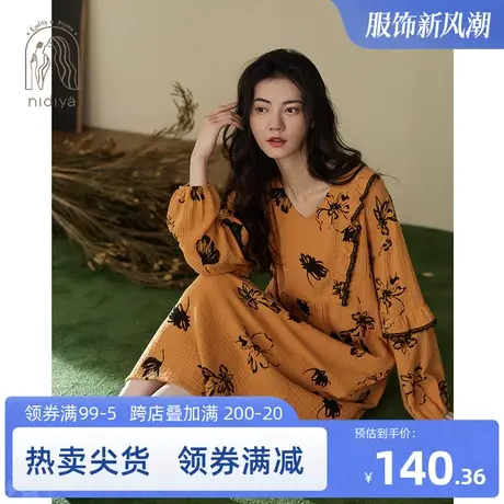 妮狄娅睡衣睡裙女秋季纯棉纱布复古国风时尚宽松春秋中长裙家居服商品大图