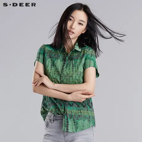 sdeer圣迪奥女装夏装鲜明色彩棕榈印花衬衫S16280440图片