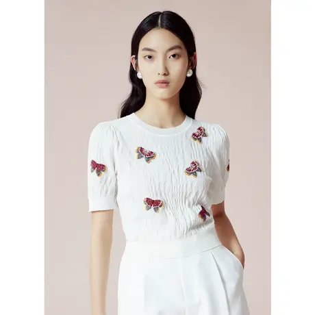 COCOON商场同款基础圆领针织上衣2023夏装新款女装蝴蝶结点缀毛衫商品大图