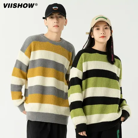 VIISHOW毛衣外套男潮牌宽松套头圆领秋冬款日系百搭休闲条纹上衣图片