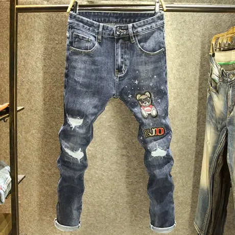 潮牌破洞刮烂补丁牛仔裤男款修身小脚裤潮流时尚刺绣镶钻男士裤子商品大图