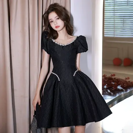 黑色小礼服法式小众镶钻方领泡泡袖女夏季公主裙高级感生日连衣裙图片