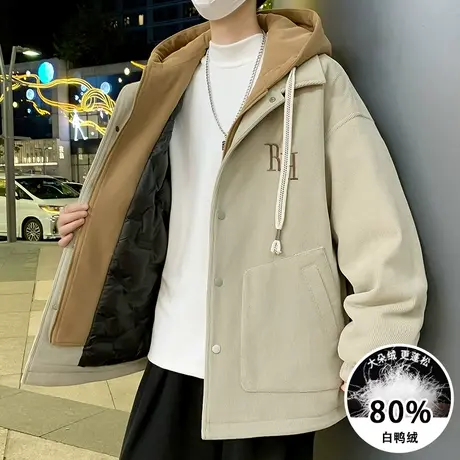 灯芯绒羽绒服男冬季潮牌连帽假两件保暖冬装青少年白鸭绒加厚外套图片