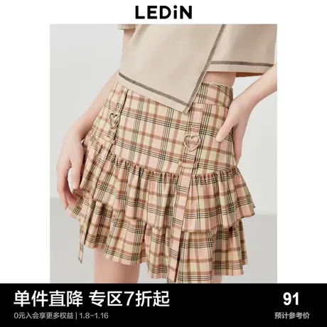 乐町格纹甜美短裙春夏双层花边高腰半身裙双层蛋糕裙图片
