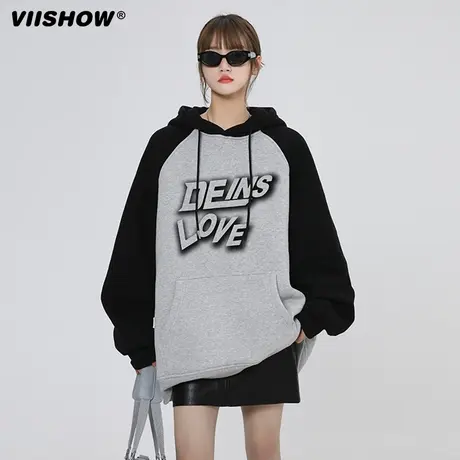 VIISHOW撞色插肩袖连帽卫衣男韩版纯春季休闲宽松设计感字母上衣图片
