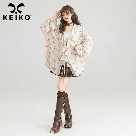 KEIKO 韩系大荷叶边雪纺衬衫2025夏季蝴蝶印花宽松系带上衣防晒衫图片