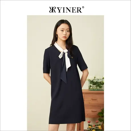 YINER音儿女装夏季百搭通勤撞色系带领短袖连衣裙图片