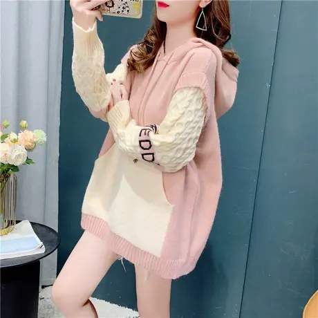 2021新款春秋宽松假两件连帽毛衣女洋气外穿针织衫慵懒风字母上衣商品大图