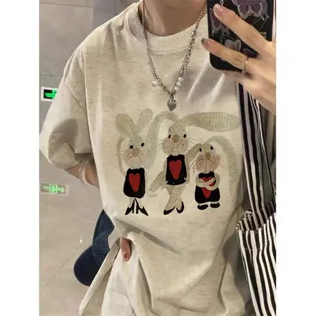 灰色高级感美式复古短袖t恤女夏季宽松圆领韩版小个子半袖上衣潮图片