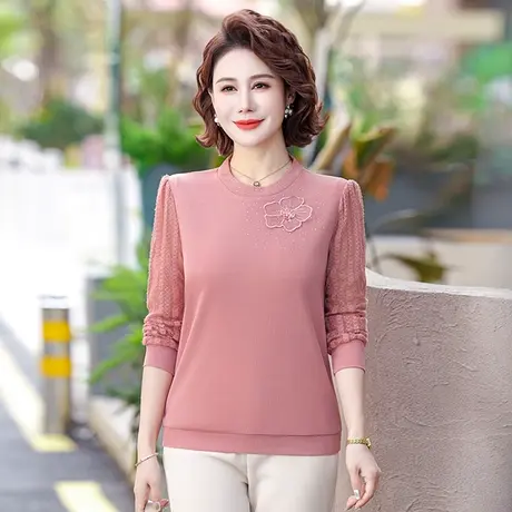 年轻妈妈装时尚纱袖T恤小衫洋气减龄中老年女装2024春装打底衫薄图片