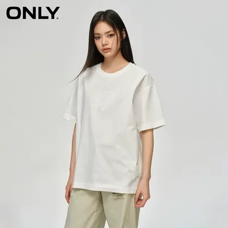 ONLY2024春季新款简约百搭舒适螺纹水钻宽松落肩T恤女|124101091图片
