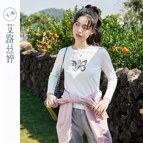 艾路丝婷蝴蝶印花长袖t恤女2024年春秋季新款正肩圆领显瘦打底衫商品大图