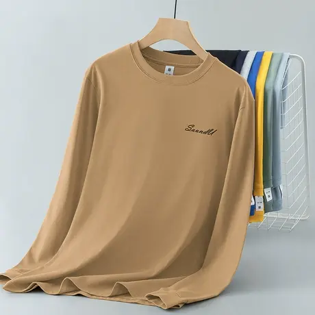重磅纯棉t恤男士长袖美式潮流宽松全棉内搭打底衫潮牌印花体恤衫商品大图