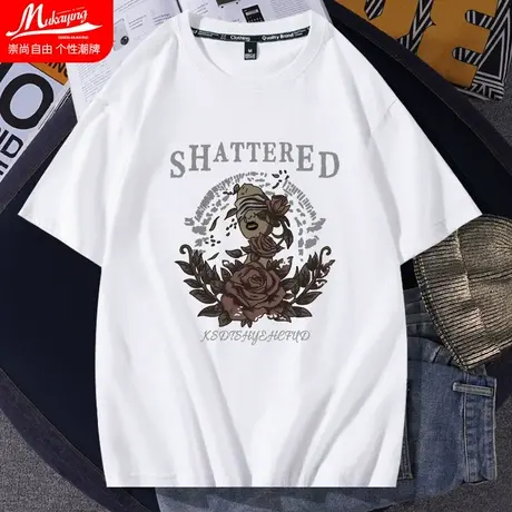 美式潮流高街复古短袖t恤男夏季休闲纯棉内搭宽松圆领打底衫半袖商品大图