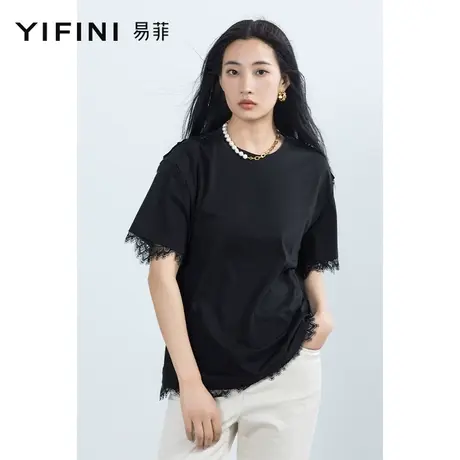 Yifini/易菲宽松时尚短袖蕾丝拼接假两件圆领针织T恤女2023夏季新商品大图