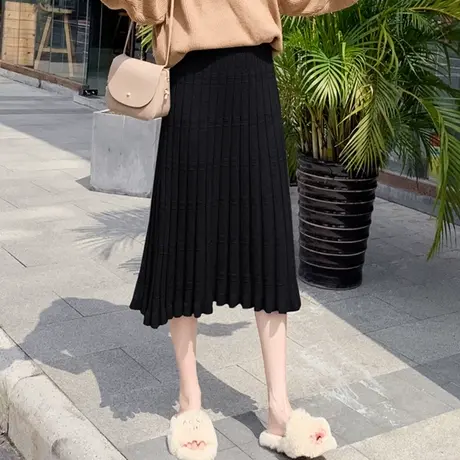 【换购10】半身裙秋冬女针织毛线百褶高腰中长裙子a字秋季新款图片