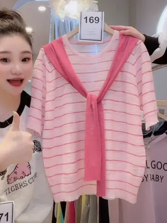 假两件披肩T恤女夏2023新款韩版宽松条纹显瘦短袖百搭薄款上衣潮商品大图