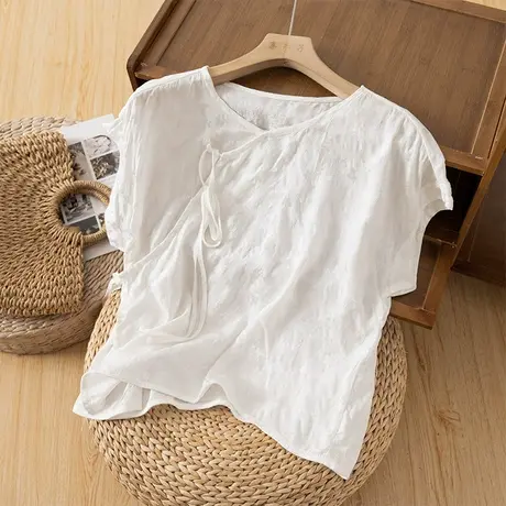 享永子短袖休闲T恤女文艺复古斜襟宽松上衣显瘦百搭2023夏季新款图片
