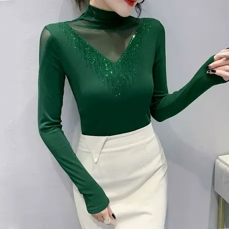 性感镂空上衣女2023春秋新款加绒加厚打底衫半高领网纱T恤长袖商品大图