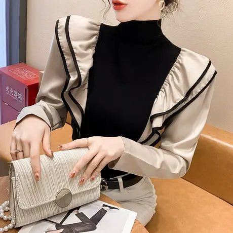 设计感荷叶边上衣女秋冬2023新款半高领打底衫时尚拼色T恤长袖ins商品大图