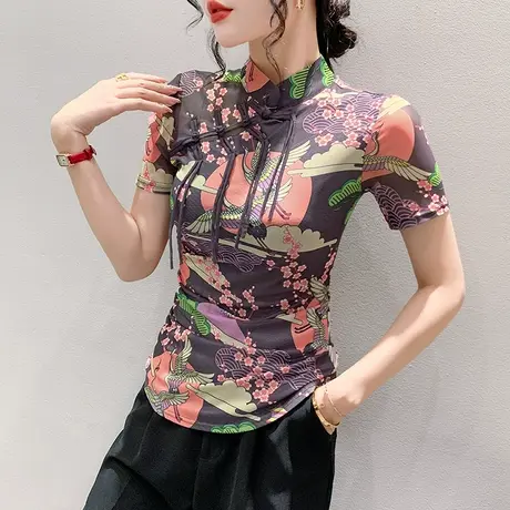 国风女装复古气质印花T恤短袖时尚设计感盘扣上衣修身网纱小衫夏商品大图