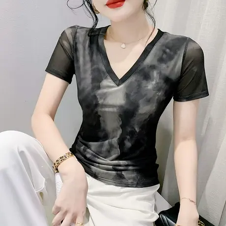 欧货性感V领短袖T恤女士夏装气质修身小衫扎染印花上衣网纱体恤潮商品大图