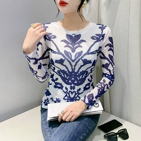 气质复古撞色扎染上衣性感网纱圆领T恤女长袖洋气修身减龄打底衫商品大图