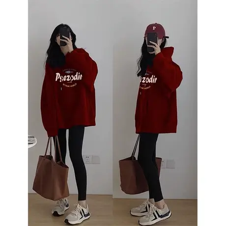 鲨鱼裤的搭配卫衣女遮屁股秋冬小个子宽松美式复古红色连帽上衣潮商品大图