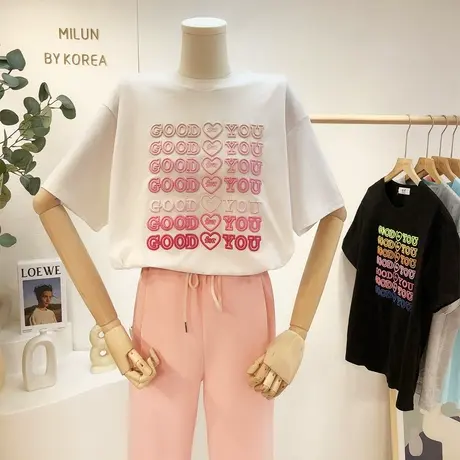 ins超火短袖高端2021新款夏季韩国东大门渐变色刺绣重工T恤宽松潮商品大图