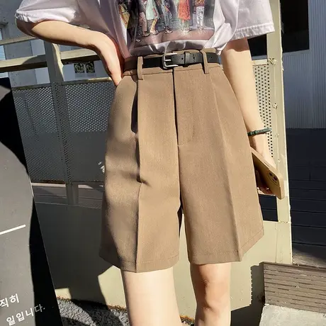 卡其色西装短裙女春季2022新款宽松五分显瘦高腰阔腿a字靴裤外穿图片