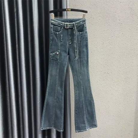 蓝灰色欧货设计感牛仔裤女2023早秋新款高腰显瘦显腿长微喇裤长裤图片