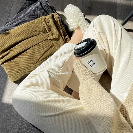 米白色灯芯绒萝卜裤女春秋季新款高腰直筒宽松显瘦九分休闲奶奶裤图片