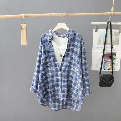 2023年秋季新款港味经典格子衬衫女休闲百搭外套衬衣慵懒风薄开衫图片