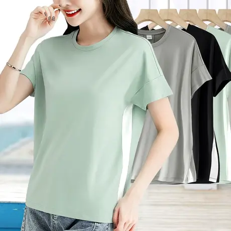 圆领短袖女宽松时尚拼接t恤2023年夏季新款简约百搭薄款棉质上衣图片
