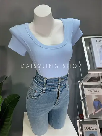 2022春夏季新款韩版小众设计感U领显瘦T恤百搭短袖打底衫上衣女潮图片