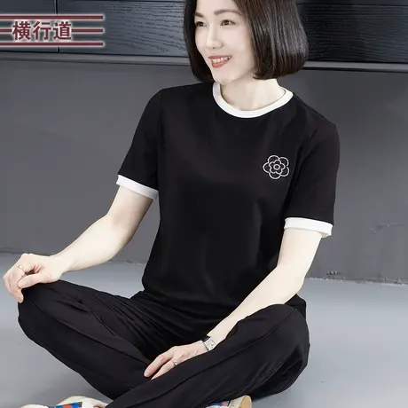 韩版大码中年妈妈装圆领撞色珠绣宽松短袖外穿上衣女2023夏季新款图片